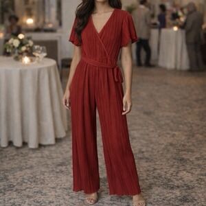 Almost Famous Size XL Red Wide Leg Jumpsuit Faux Wrap Micro Accordion Pleated